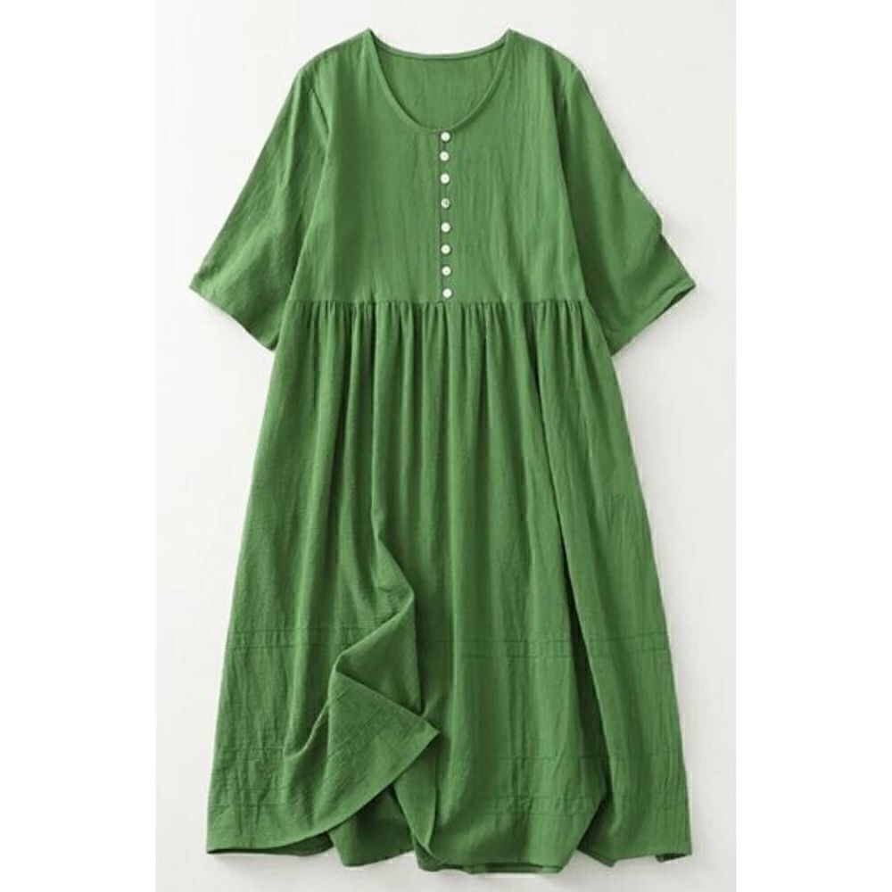 Women's Cotton Blend Half Sleeve Pockets Midi Dress Green #1693-B4